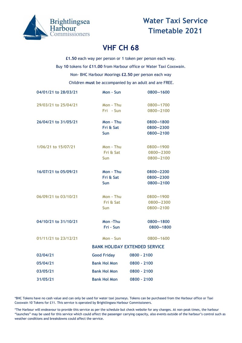 Water taxi schedule 2021